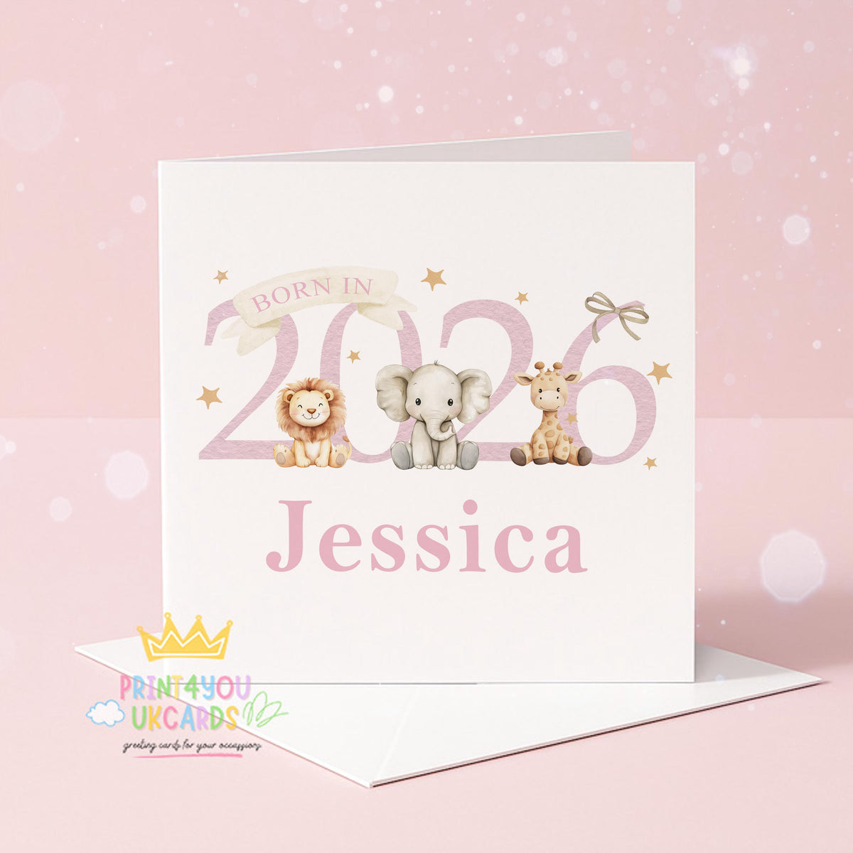 Square newborn baby card shown at an angle to display the pink safari animal design and card stock.