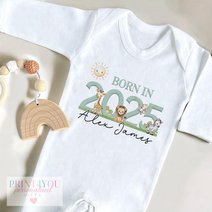 Personalised safari animal newborn vest, printed with baby's name and birth year.