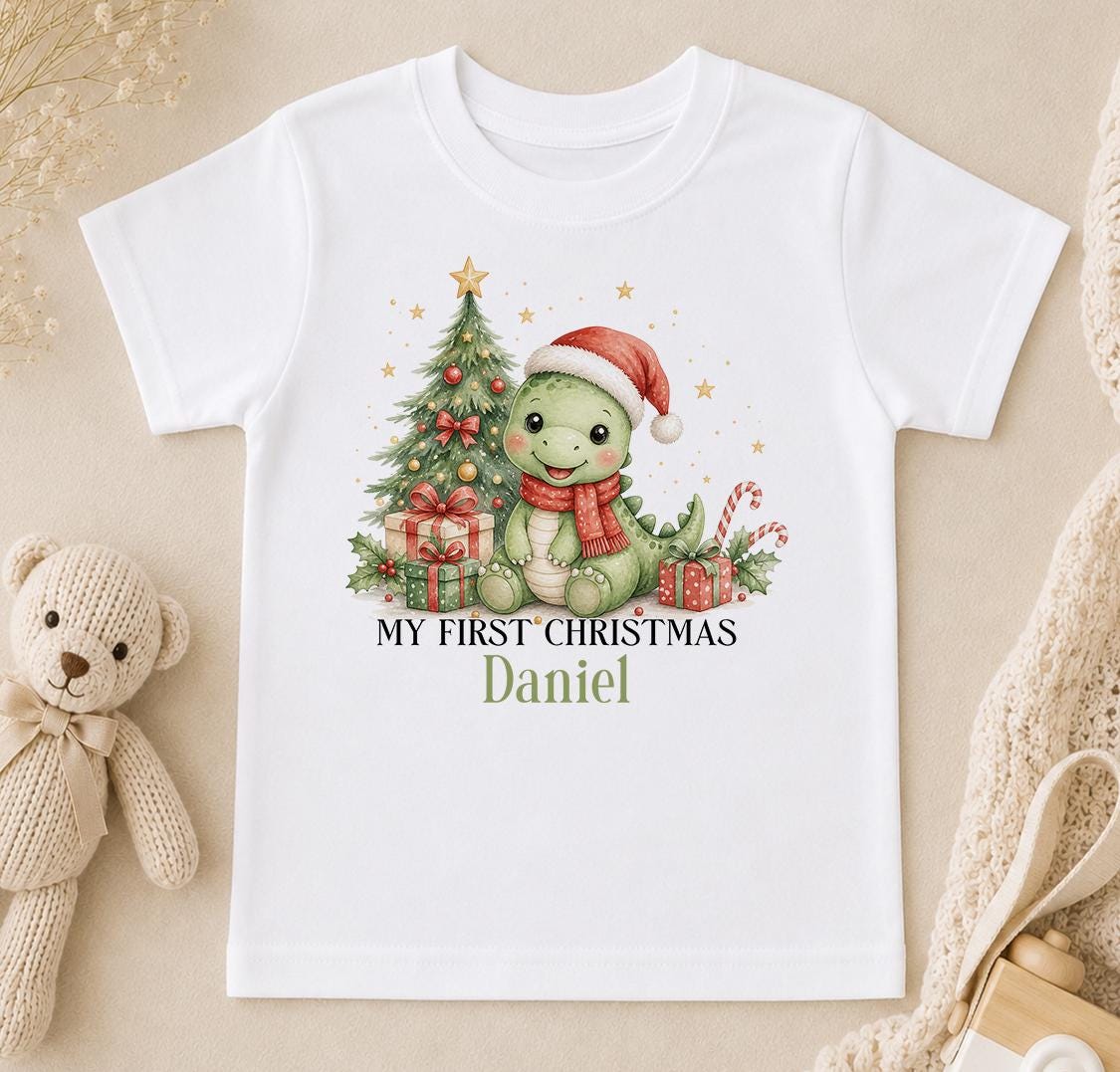 Personalised First Christmas Outfit, Dinosaur Baby Vest, Sleepsuit