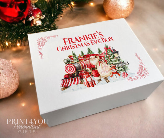 Personalised Santa Christmas Eve Box With Train Design, White Magnetic Gift Box For Kids, Custom Name Xmas Keepsake Box - Medium 16 x 20 x 8cm