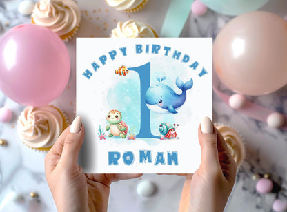 Personalised under the sea birthday card, front and inside personalisation option