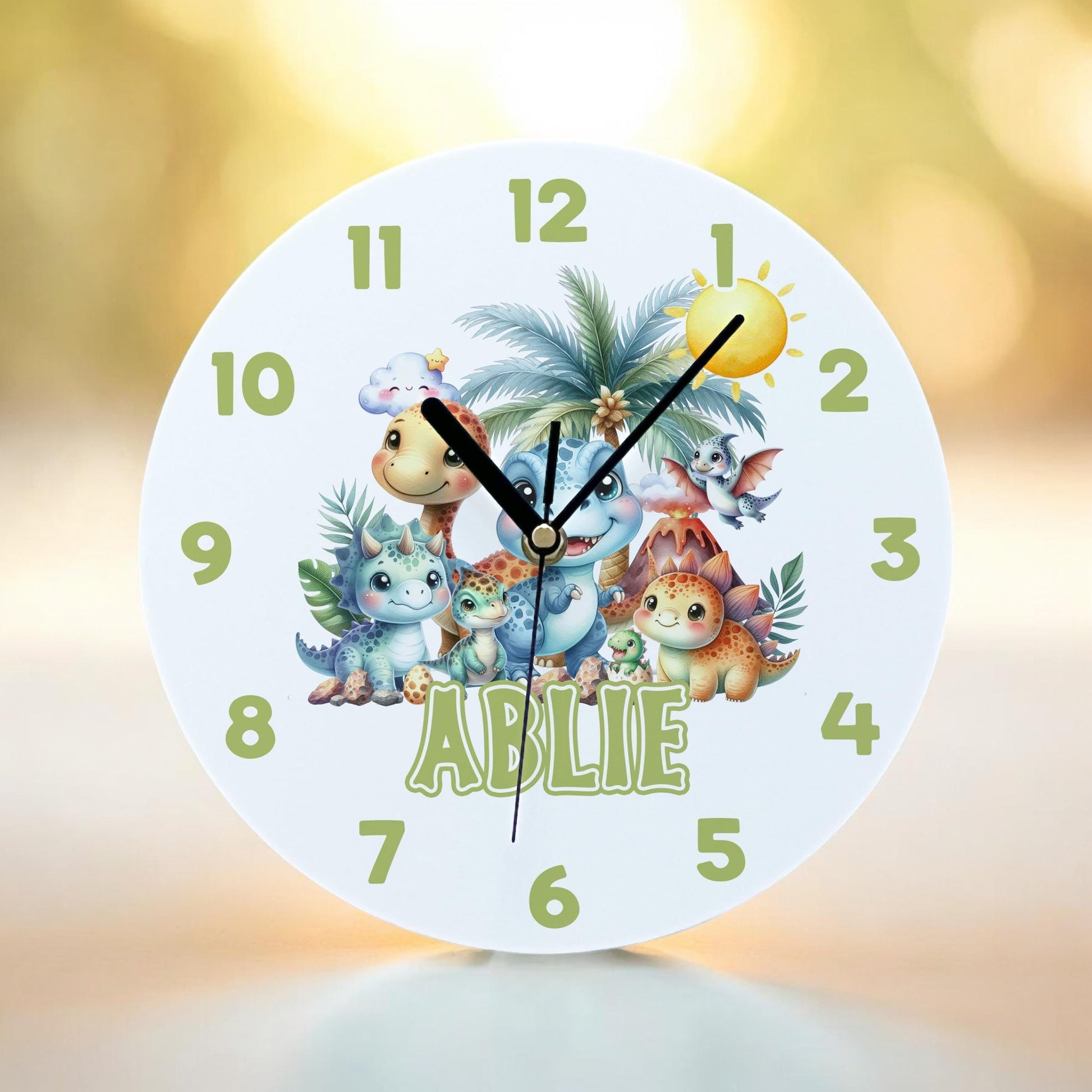 Personalised dinosaur acrylic wall clock hanging on a child's bedroom wall