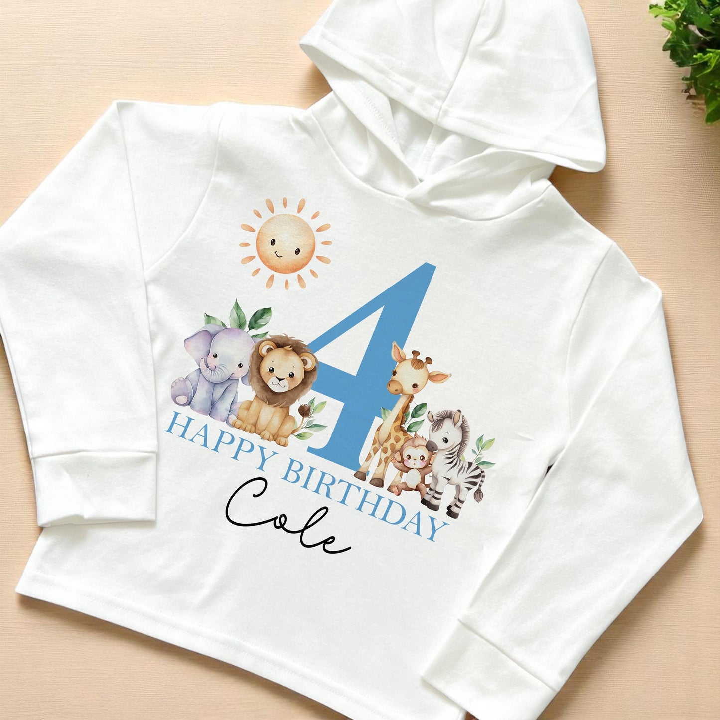 1st Birthday Safari personalised long-sleeved hooded t-shirt, close-up of soft jersey cotton fabric and hood detail