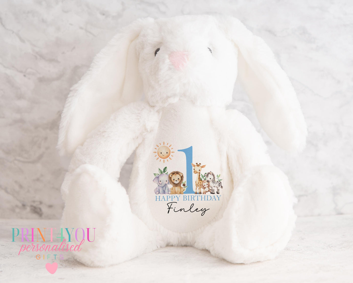 Grey personalised first birthday bunny soft toy with safari design printed on tummy