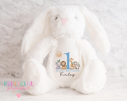 Grey personalised first birthday bunny soft toy with safari design printed on tummy