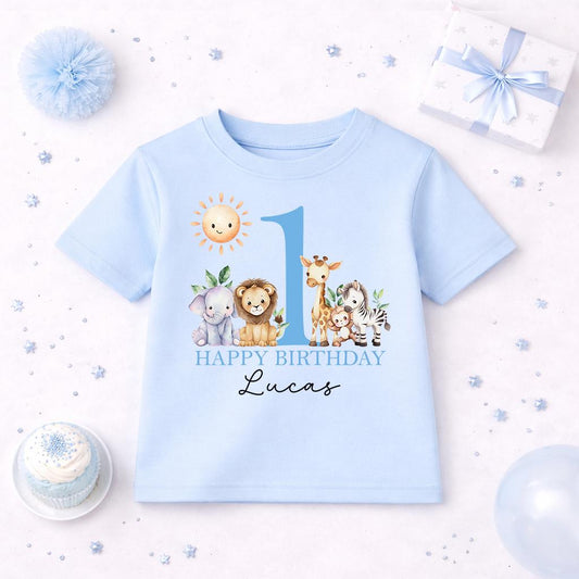 Personalised safari sunshine first birthday T-shirt with elephant, lion, giraffe and zebra design and custom name.