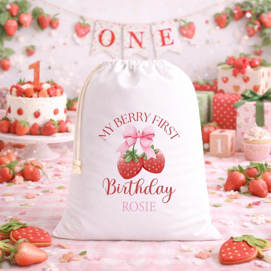 Personalised berry design birthday sack, white drawstring bag with custom name printed on the front.