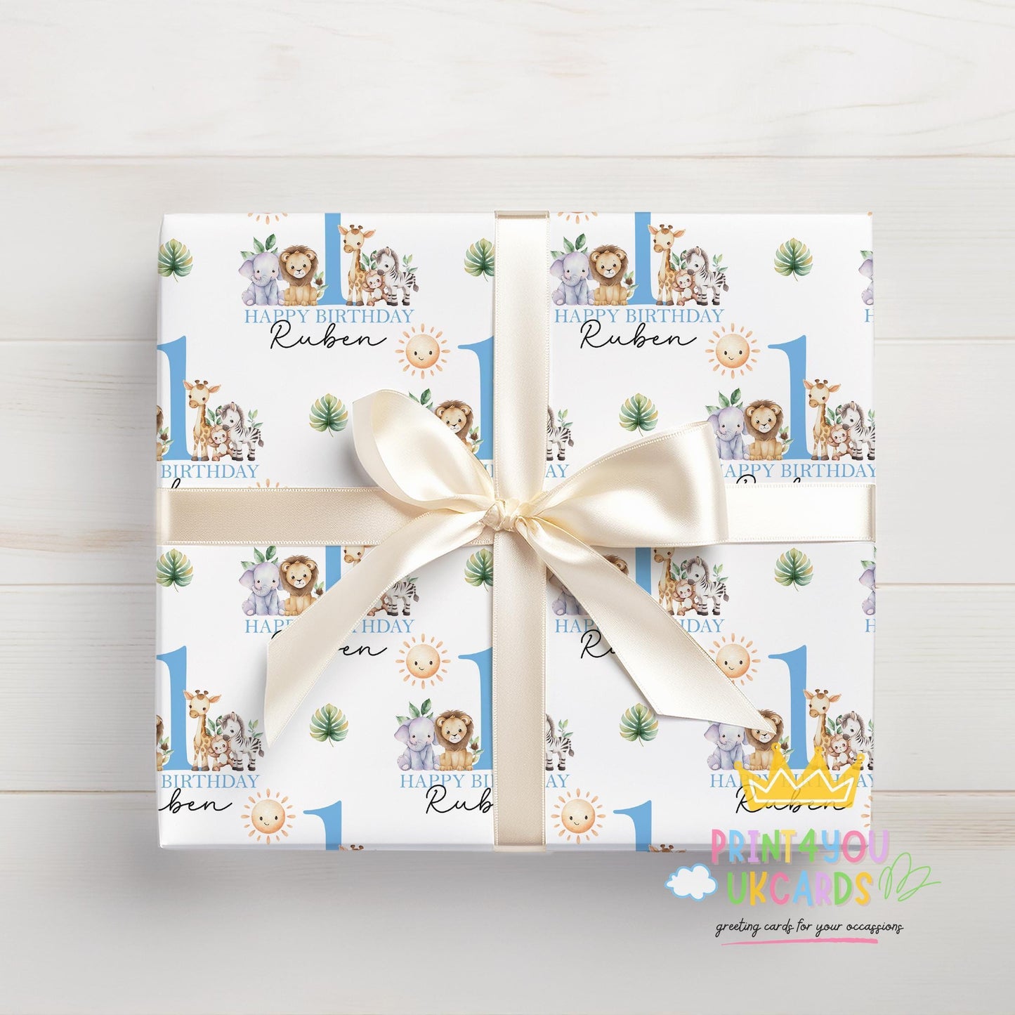 Personalised Safari Birthday Wrap - Blue Jungle Animal Wrapping Paper for Boys’ First Birthday Gifts
