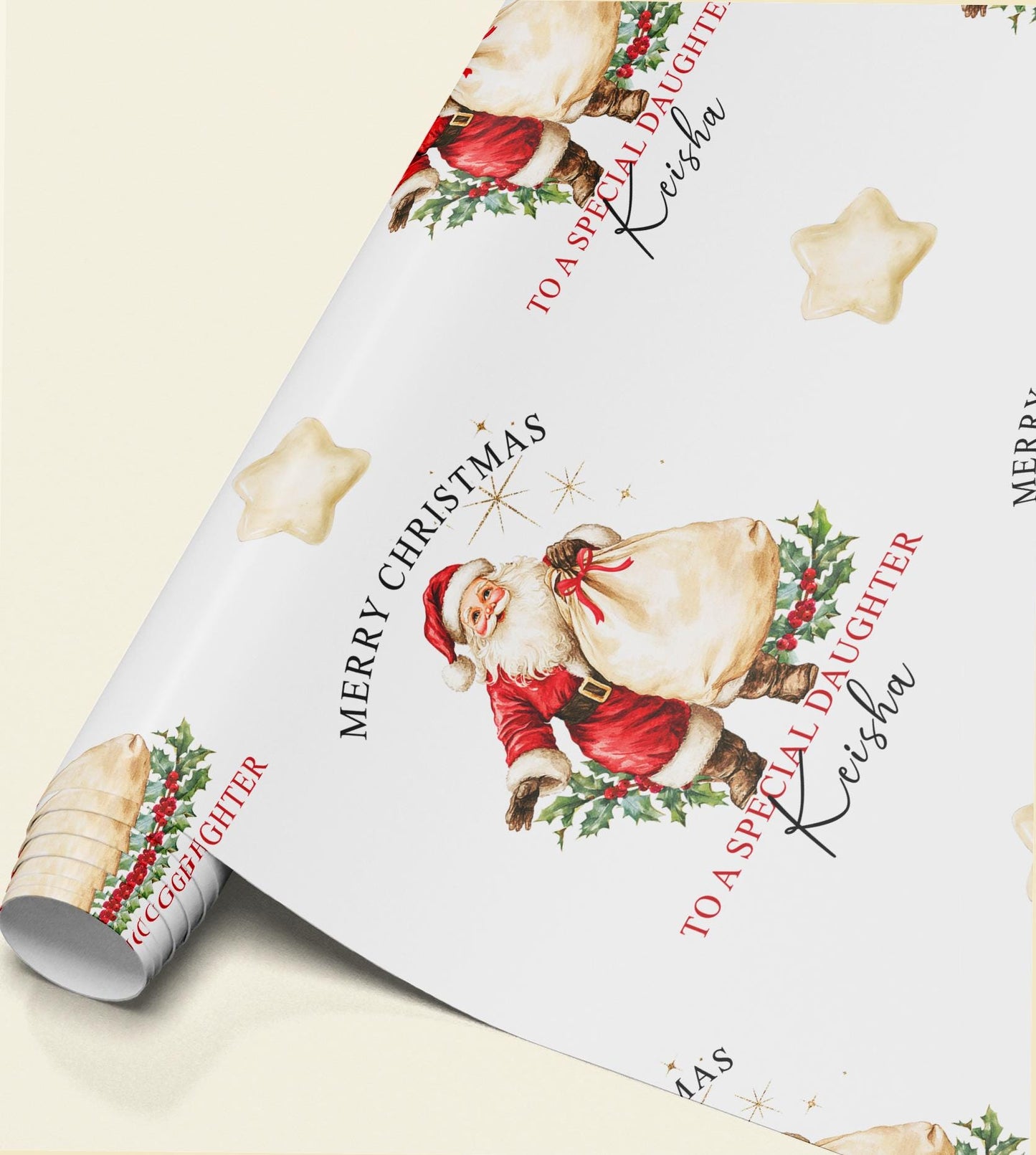 Close-up of personalised vintage Santa wrapping paper showing the repeating Father Christmas illustration and custom name detail