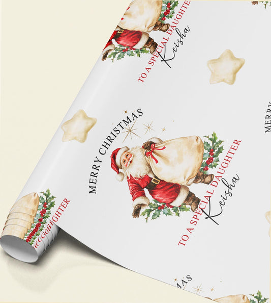 Close-up of personalised vintage Santa wrapping paper showing the repeating Father Christmas illustration and custom name detail