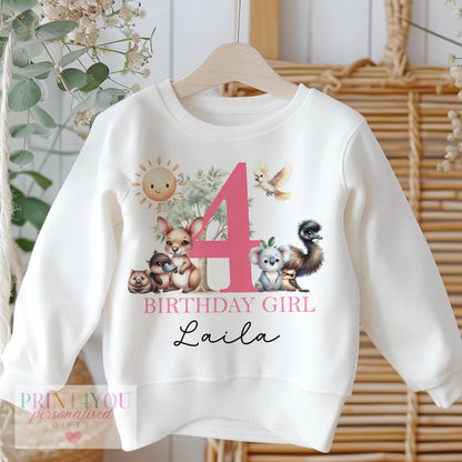 Personalised birthday girl t-shirt with koala and kangaroo design and custom name, size 6-12 months