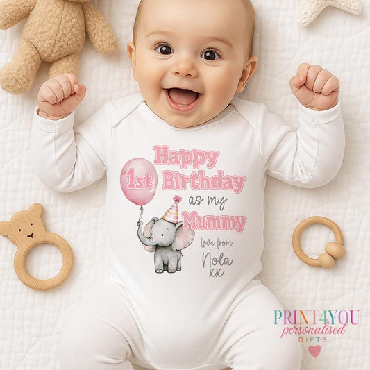 Personalised 1st birthday bib with a cute elephant and pink balloon design, customised with a name and relation.