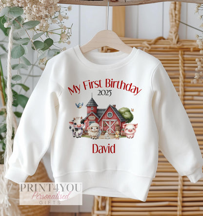 Personalised first birthday jumper with farm animals design and custom name print, soft cotton fleece sweatshirt, size 6-12 months