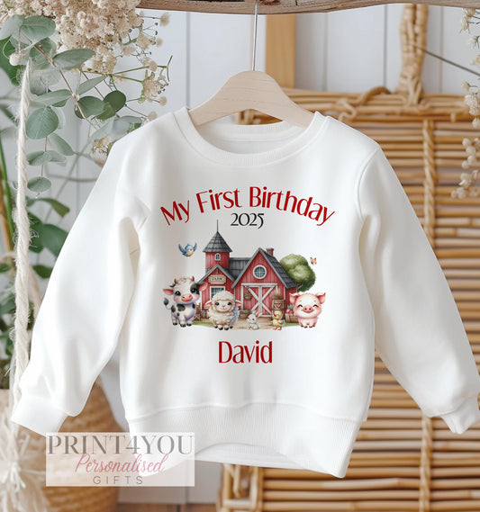 Personalised First Birthday Jumper – Soft Cotton Fleece Kids Sweatshirt With Farm Animals - 6-12m SWEATSHIRT