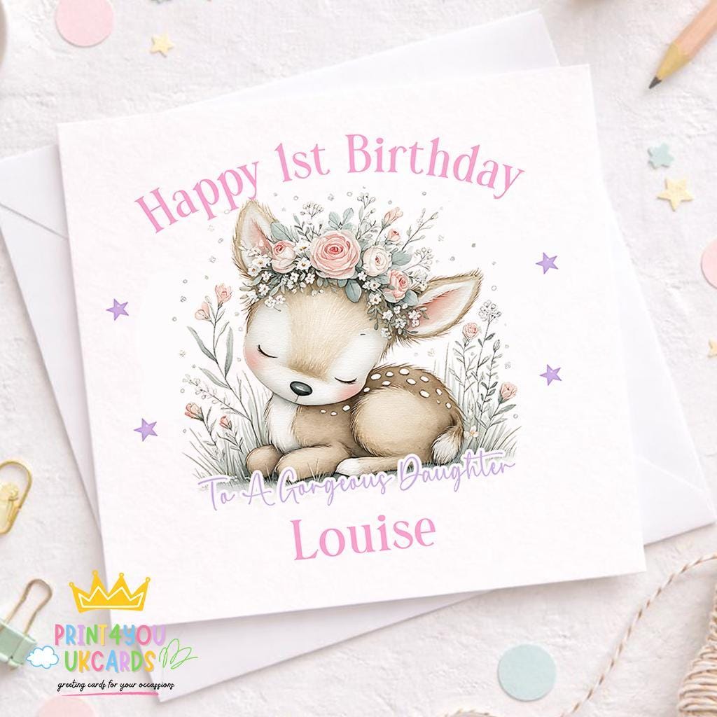 Personalised deer birthday card with floral fawn design