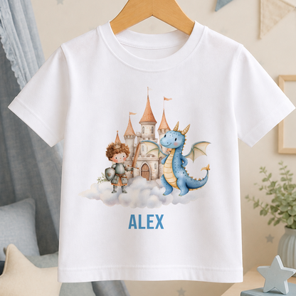 A white t-shirt with a printed image of a knight and a dragon, along with the name "ALEX" written below the image.