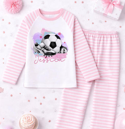 Front view of football themed pyjama set showing the personalised name print