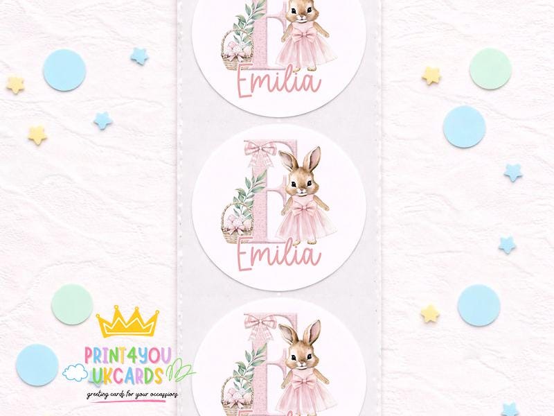 Sheet of personalised floral bunny stickers featuring a rabbit design in a glossy finish.