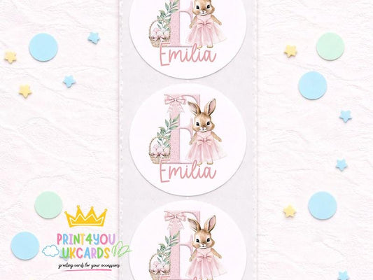 Sheet of personalised floral bunny stickers featuring a rabbit design in a glossy finish.