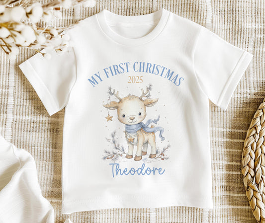 Personalised baby Christmas outfit with reindeer design and custom name print, flat lay of full set