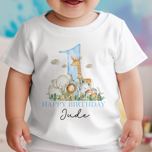 Blue Safari personalised first birthday bib with giraffe, elephant and lion design.