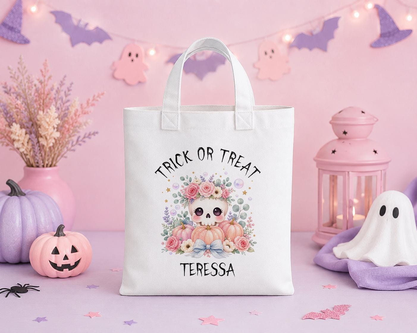 Personalised Halloween Trick or Treat Bag - Floral Skull Pumpkin Tote