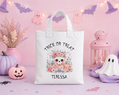 Personalised Halloween Trick or Treat Bag - Floral Skull Pumpkin Tote