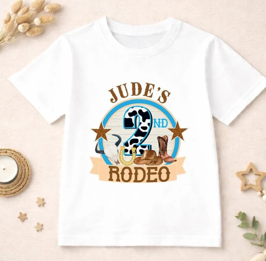 Personalised 2nd birthday rodeo shirt with cowboy design and custom name printed on the front