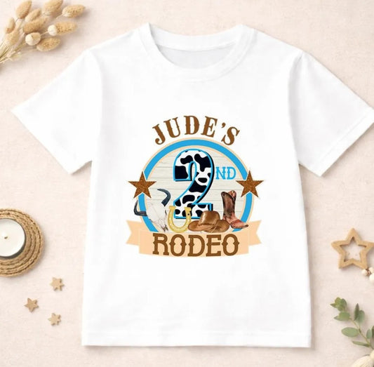 Personalised 2nd birthday rodeo shirt with cowboy design and custom name printed on the front