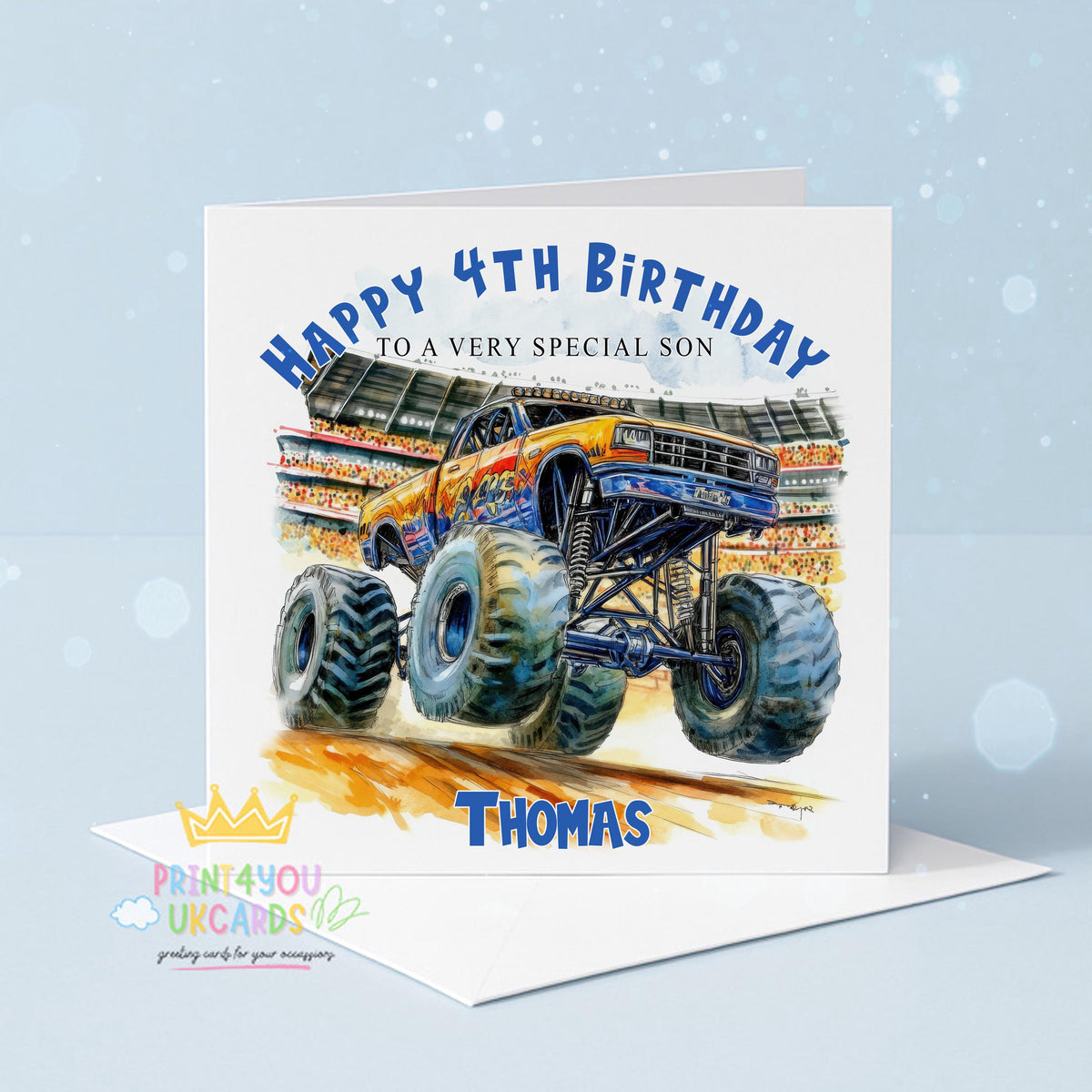 Personalised monster truck birthday card with a bold truck illustration, with space for a custom name, age and relation