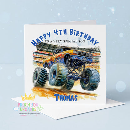 Personalised monster truck birthday card with a bold truck illustration, with space for a custom name, age and relation
