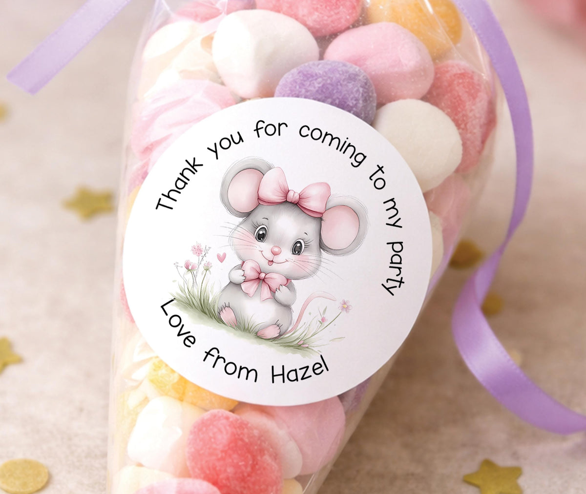 Sheet of glossy round mouse birthday stickers personalised with a child's name, ideal for party bag favours