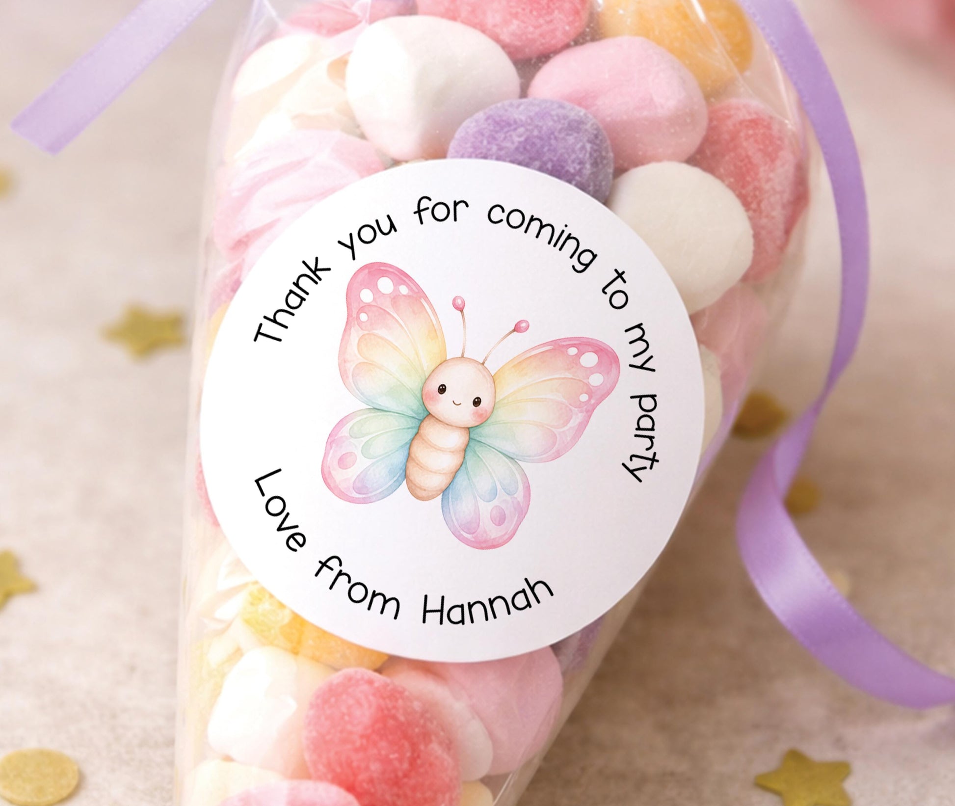 Sheet of glossy round pastel butterfly stickers personalised with a child's name, ideal for party bags and sweet cones