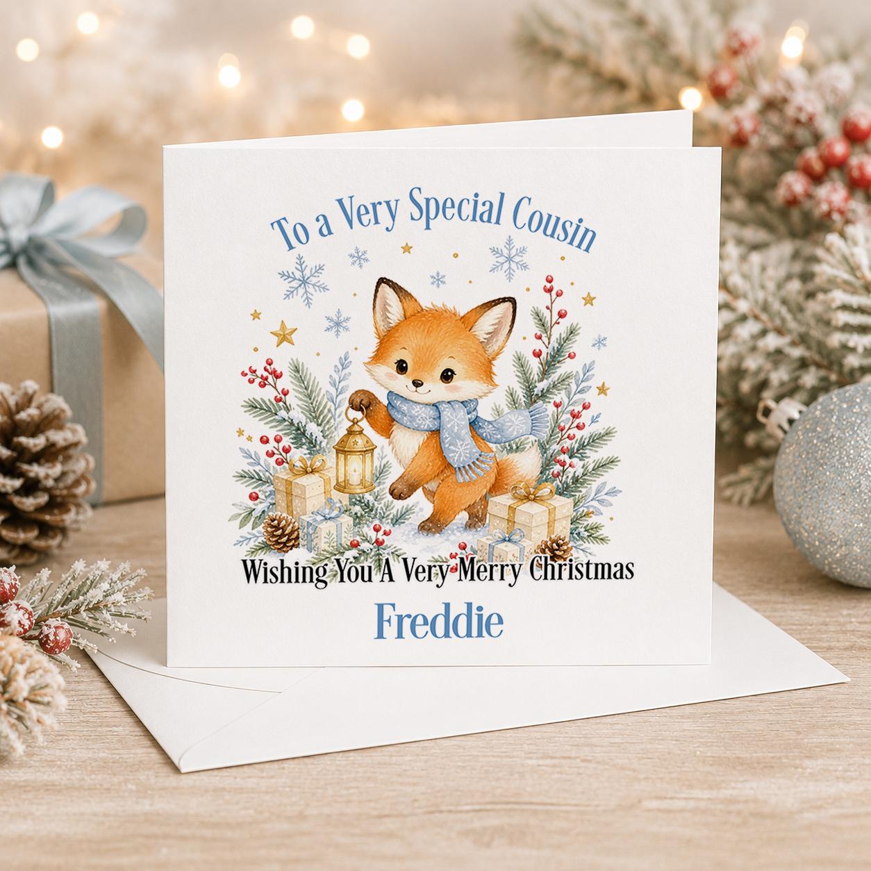 Personalised fox Christmas card, white 6x6 inch square card printed with a fox in a blue scarf among snowflakes with a name