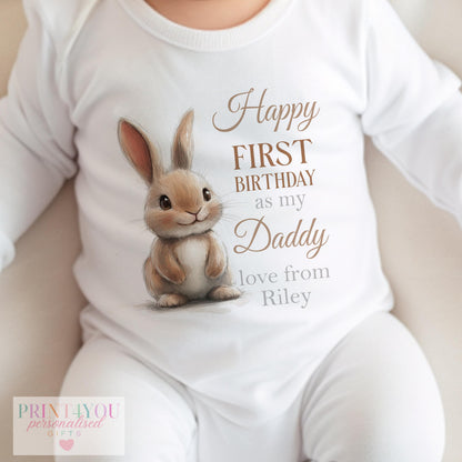 Personalised Daddy Bunny first birthday bib with 'Happy First Birthday as my Daddy' and baby's name in soft brown script.