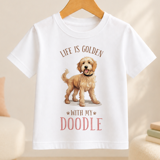 A white t-shirt with a graphic of a golden retriever dog and the text "Life is golden with my doodle" printed on it.