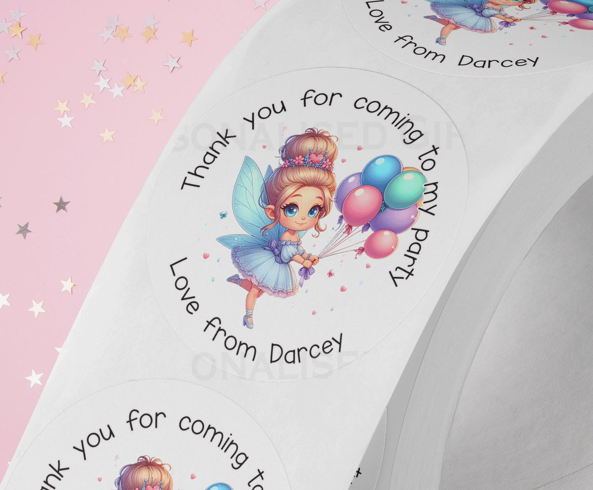 Personalised Fairy and Balloons Birthday Stickers – High – Quality Shiny White Gloss 5cm Stickers – Wedding Favors – Perfect for Party Bags - Strips (5cm each)
