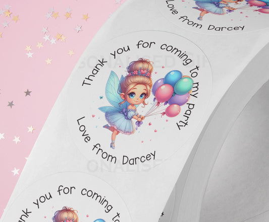 Personalised Fairy and Balloons Birthday Stickers – High – Quality Shiny White Gloss 5cm Stickers – Wedding Favors – Perfect for Party Bags - Strips (5cm each)
