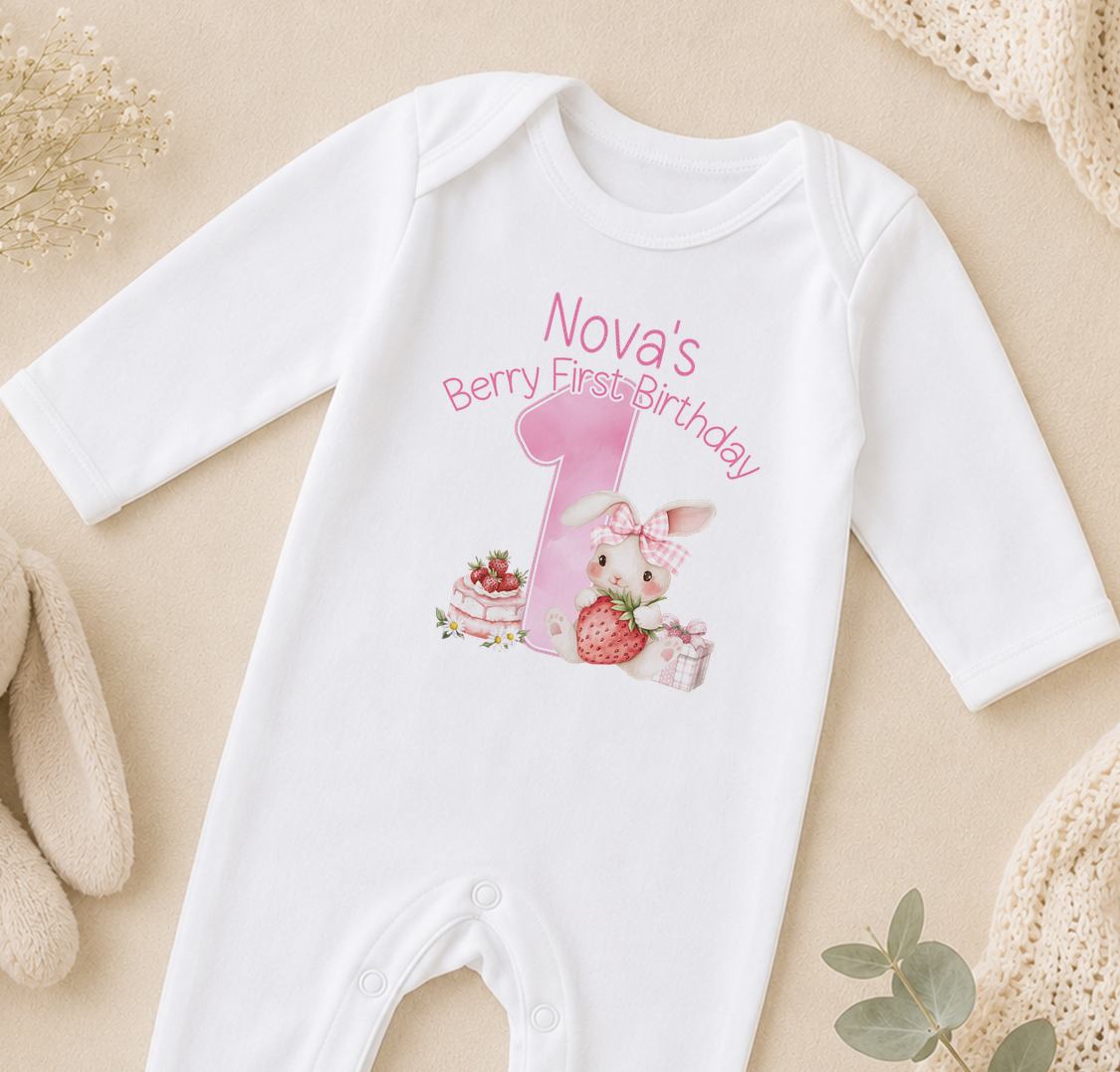 A white onesie with a pink bunny and a pink number 1 on it, along with the text "Nova's Berry First Birthday".