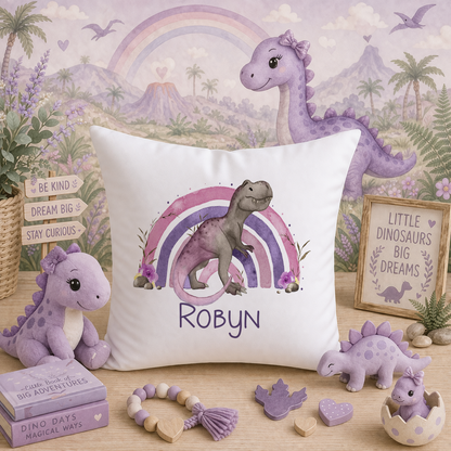 Personalised pink and purple dinosaur name cushion cover, 40 x 40cm velvet, cover only
