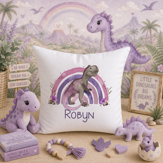 Personalised pink and purple dinosaur name cushion cover, 40 x 40cm velvet, cover only