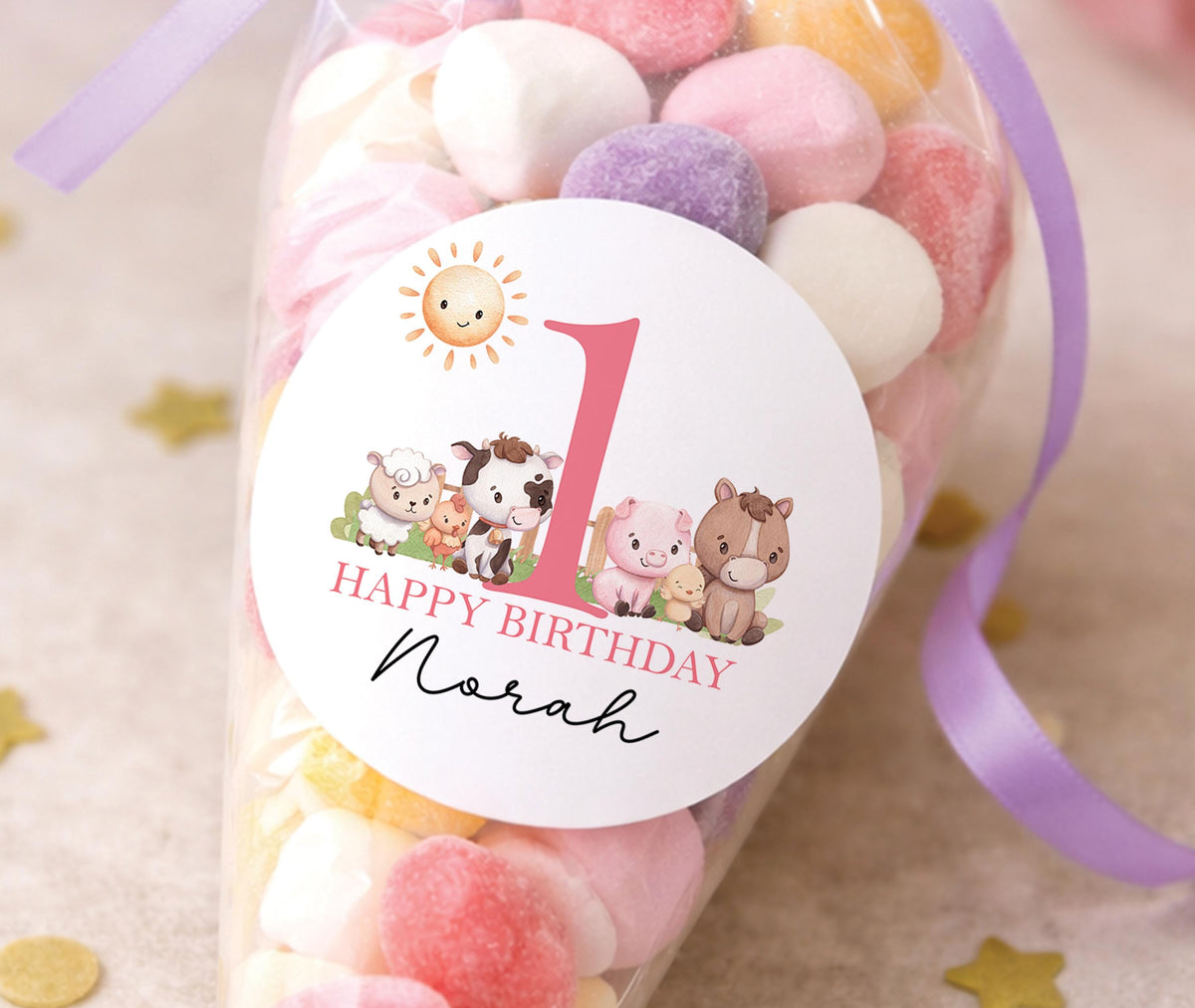 Personalised sticker featuring a farmyard animal design for a girl's farm-themed birthday party