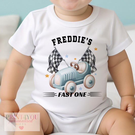 Personalised first birthday racing car bib with vintage car and checkered flag design, custom name