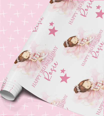 a pink background with a repeating pattern of a young girl in a fairy costume, surrounded by stars and the text "Happy 3rd Birthday Rosie".