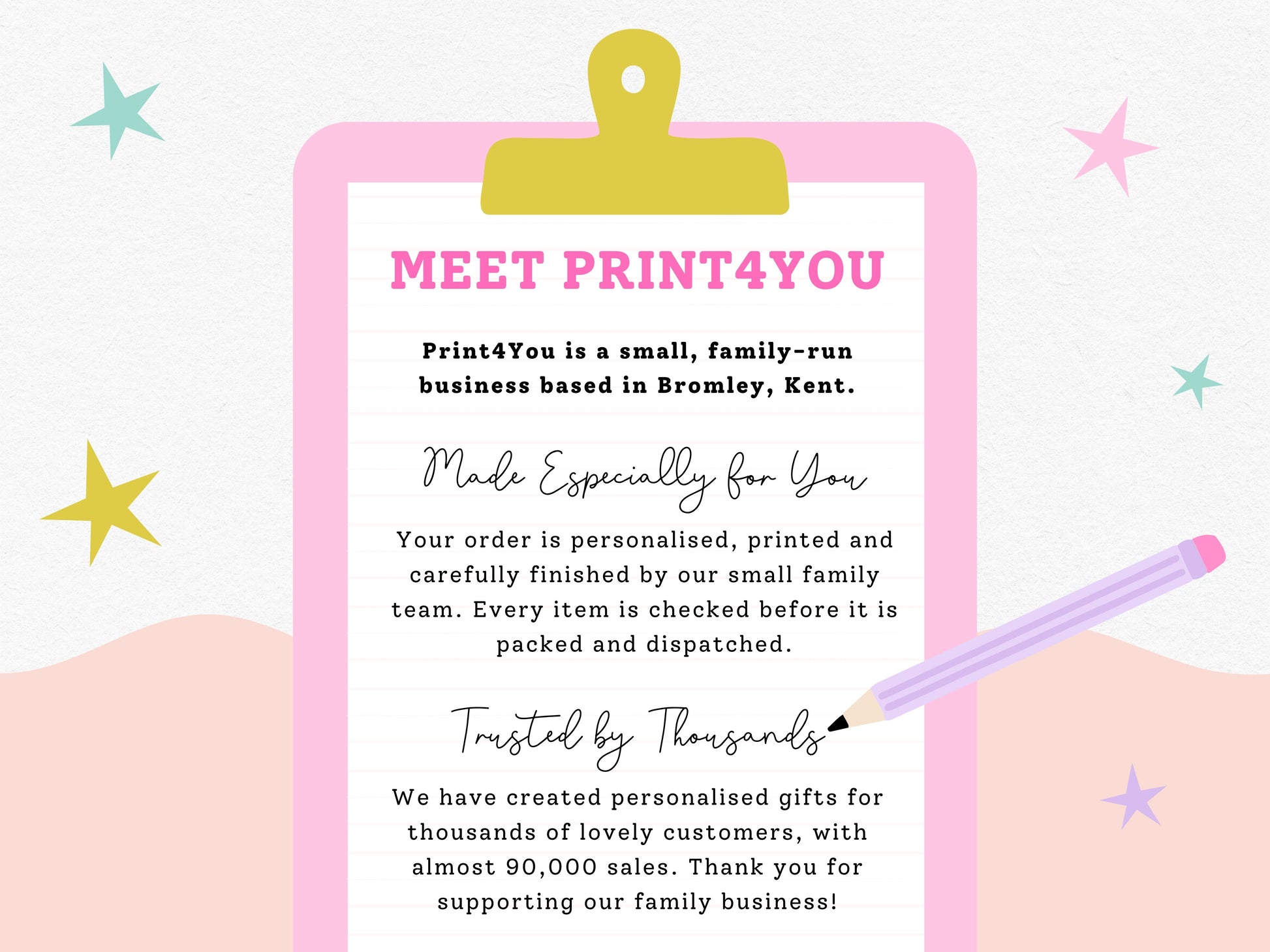 The image is a promotional poster for a small family-run business called Print4You, based in Bromley, Kent. The poster features a pink clipboard with text and a pencil, along with colorful stars in the background.