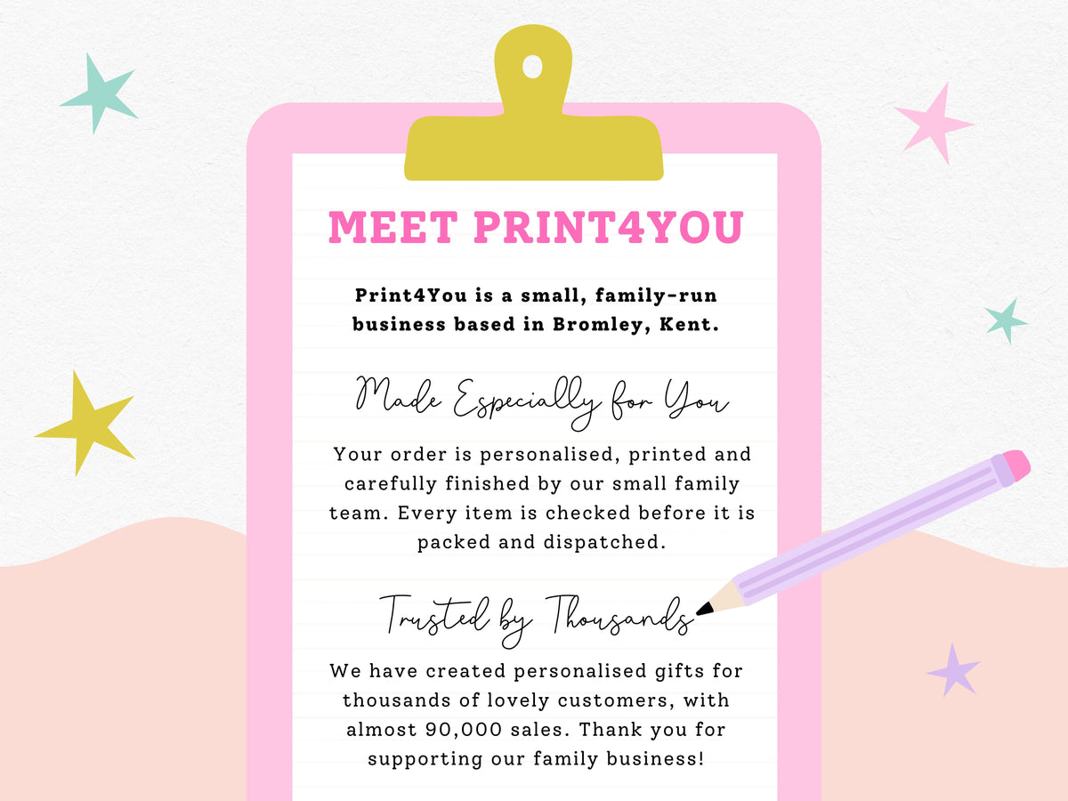 Print4You Personalised Gifts graphic noting the small family-run business is based in Bromley, Kent, with a pink clipboard, pencil and star illustrations