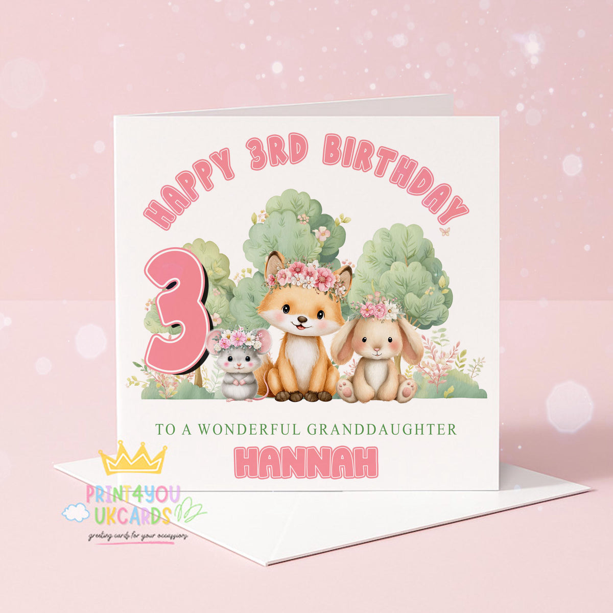 Personalised birthday card showing a woodland scene with a bunny and fox wearing floral crowns, with space for a custom name and age