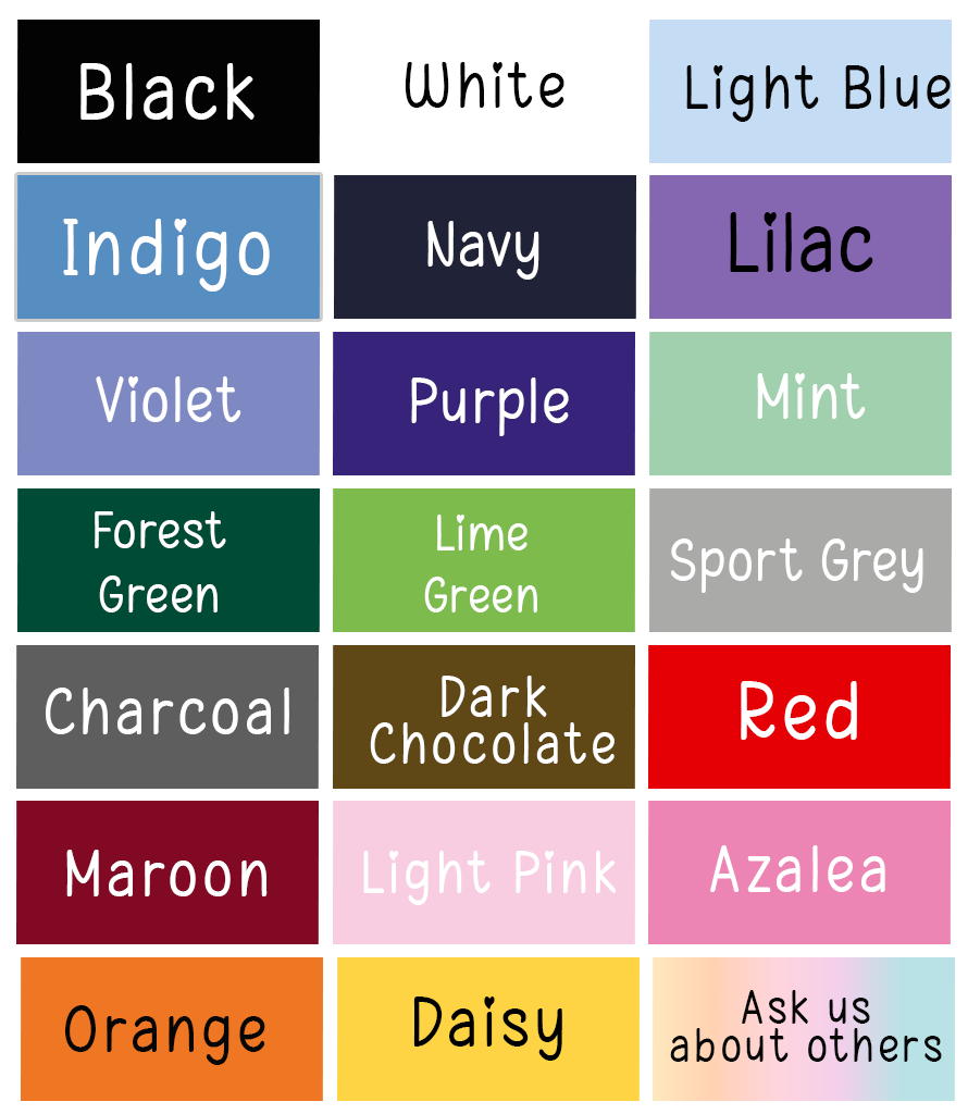 Colour swatch chart showing the full range of heavy cotton T-shirt colours available for branding, including navy, red, sky blue, lime and violet.