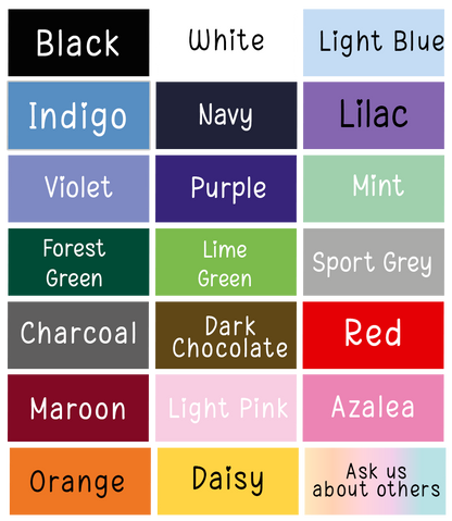 Colour swatch chart showing the full range of heavy cotton T-shirt colours available for branding, including navy, red, sky blue, lime and violet.