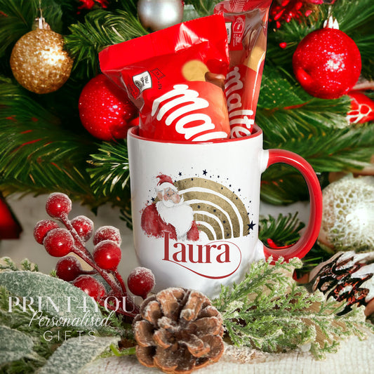 Santa Gold Foil Effect Rainbow Personalised White mug Christmas stocking filler gift red handle - yes